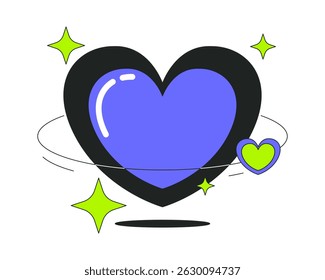 Y2K love planet 2D onboarding ui illustration. Floating heart with orbiting sparkling stars. 2000s futuristic retro romance cartoon concept isolated on white. Flat abstract vector metaphor