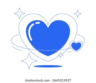 Y2K love planet line onboarding ui illustration. Floating heart with orbiting sparkling stars. 2000s futuristic dreamy retro romance outline 2D concept isolated. Ink linear metaphor vector art
