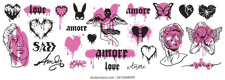 Y2k love tattoo sticker set, heart gothic icon, vector 90s vintage glam Valentine Day, angel. Greek sculpture head, 2000s trendy emo butterfly, pink graffiti lettering, urban print. Y2k love aesthetic