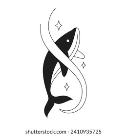 Y2k magic whale with water wave and stars sacred monochrome line retro groovy icon vector illustration. Mystic aquatic animal spiritual marine fish cartoon character minimal trendy sticker tattoo