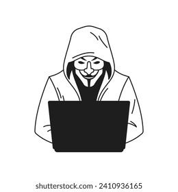 Y2k man hacker in hood use laptop cyber crime web attack monochrome line retro groovy icon vector illustration. Modern male working on computer cyberspace internet online minimal sticker