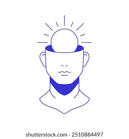 Y2k man head with bright sun sculpture bust contemporary pop art blue line icon vector flat illustration. Antique male god bust monument psychedelic mindfulness awareness open mind sketch
