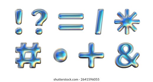 Y2k math signs set. Shining metallic dot, hashtag, ampersand, plus, exclamation and question marks. Vector 3d icons shapes isolated on white. Equally, plus and multiply