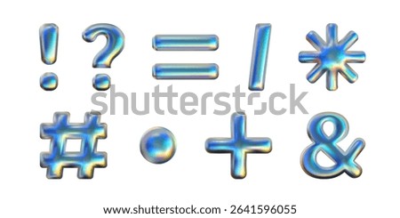 Y2k math signs set. Shining metallic dot, hashtag, ampersand, plus, exclamation and question marks. Vector 3d icons shapes isolated on white. Equally, plus and multiply