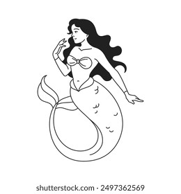 Y2k mermaid brunette beautiful legend character with fish tail outline icon vector flat illustration. Mythology surreal psychedelic aqua sea woman with hair and fishtail minimal contour tattoo