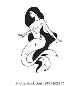 Y2k mermaid surreal mystic woman with fishtail outline black icon vector flat illustration. Psychedelic minimal contoured sketch tattoo design beautiful female with fish tail mythology character