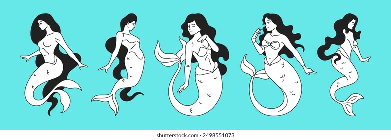 Y2k mermaids sea women with fish tail outline black vector illustrations set. Beautiful fantasy aqua wildlife concept females floating with fishtails elements for sticker, print and t-shirt design