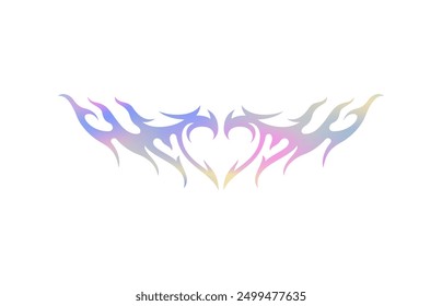 Y2k gradiente de metal holográfico fuego llama corazón icono Vector ilustración plana. Psicodélica elegante estética tribal amor silueta rosa neón arco iris espectro amor romántico forma camiseta impresión