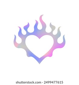 Y2k metal holograma gradiente corazón fuego llama silueta icono Vector plano ilustración. Psicodélico rosa neón cromo holográfico amor amor amor forma romántica inflamable blaze camiseta de moda de impresión