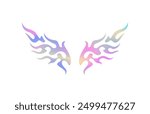Y2k metal neon gradient wings fire flame psychedelic art icon vector flat illustration. Abstract rainbow spectrum hologram winged character silhouette aesthetic flammable blaze shape