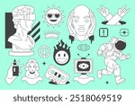 Y2k minimal comic retro groovy line icon contemporary pop art futuristic concept set vector flat illustration. Psychedelic funky sculpture bust astronaut sun rock cool tape cassette sketch sticker