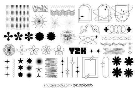 Y2K minimalist aesthetic line elements set, trendy linear frames with stars, simple flat geometric forms. Arch frame with sparkles, simple decorative boho style border. Vector