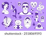 Y2k minimalist psychedelic retro groovy comic line icon set vector flat illustration. Surreal funky hype woman nun heart Greek sculpture astronaut whale man in headphones snake bear toy rave concept