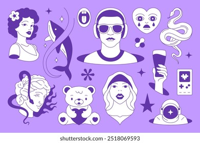 Y2k minimalista psicodélico retro groovy línea de cómic conjunto de iconos Vector ilustración plana. Surrealista funky hype mujer monja corazón escultura griega astronauta ballena hombre en auriculares serpiente oso juguete rave concepto