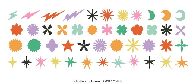 Y2K Minimalist retro Vector Geometric Shapes Set. Stars, Flowers and Circles with ZigZag Edge. Hand drawn Symbols, Labels and Icons.
