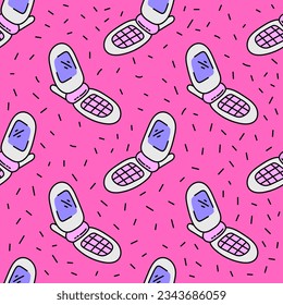 Y2k mobile phone seamless pattern. 2000s cellphone repeat vector illustration on textured pink background.