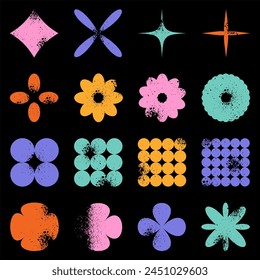Y2K. Modern shapes and forms with texture. Grainy forms of bright colors. Elements for designing posters, banners, stickers, and decals. Vector illustrations of shapes, flowers, geometric figures
