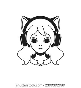 Y2k modern woman cat in headphones music DJ cyber gaming monochrome line retro groovy icon vector illustration. Female with animal ears in earphones portrait minimal trendy sticker