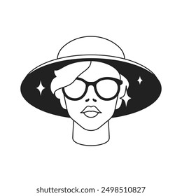 Y2k modern woman witch sorcerer in magic hat portrait pop art outline icon vector flat illustration. Psychedelic female wizard in eyeglasses and mystic headdress with stars t shirt print