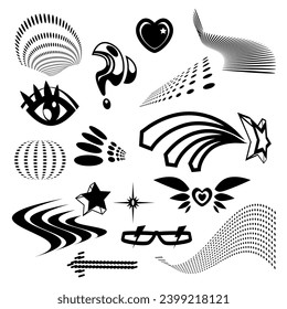 Forma abstracta monocromática Y2k. Conjunto de ilustraciones vectoriales de formas y símbolos geométricos negros. Elementos retro futuristas para los años 2000 y diseño de estilo brutalista. Simple calle vestida figuras psicodélicas.