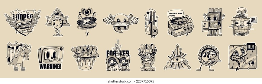 Y2k monochrome stickers retro rave psychedelic patches pack. Trippy mushrooms, robot, skull, burger monster and skating dinosaur. Vintage tape, money, pager and vinyl disks, Cartoon vector icons set