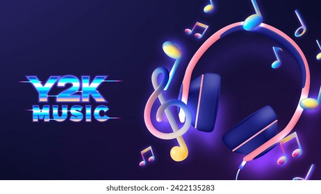 Y2K music background banner with neon light and reflection vector illustration