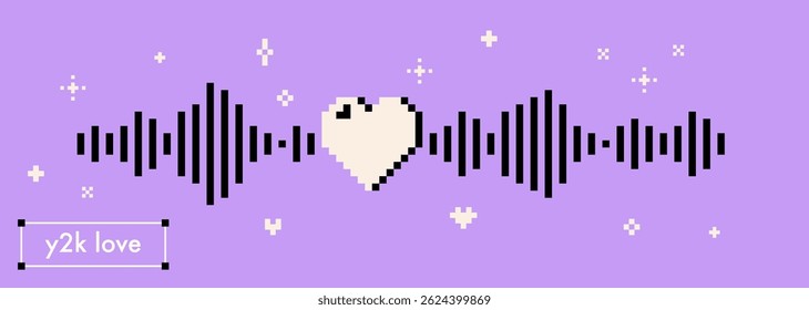 Y2k music lover sticker. Pixel art. Dj. Listen to music, radio podcast. Pixel heart and musical waves icon. Mood of 90's. 8 bit retro vector illustration. Trendy geometric shape. Game abstract element