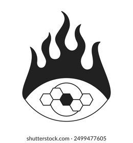 Y2k mystic all seeing eye sacred geometry tattoo with burning flame outline icon vector flat illustration. Magic alchemy prediction watching bullseye with blazing fire esoteric occult artwork