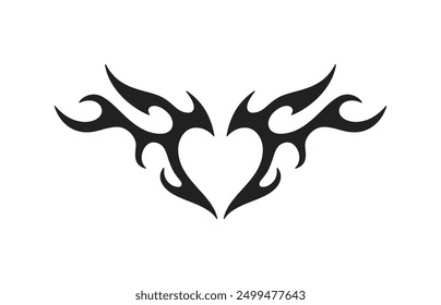 Y2k neo gothic burning heart silhouette with wings black tattoo icon vector flat illustration. Psychedelic fire flame blazing love amour enamored abstract minimal shape Valentine sticker t shirt print