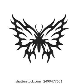 Y2k neo gótico mariposa llama fuego ornamento alas tatuaje negro icono Vector ilustración plana. Silueta de insecto volador tribal simetría futurista flamable blaze camiseta elemento decorativo de impresión