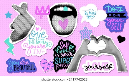 y2k neon Collage stickers set with hand showing love gestures in halftone effect style. Cut out paper pieces with self love quotes. The hand holds gesturing heart sign. Vector 90s illustration