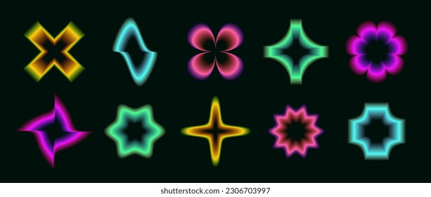 Y2k neon gradient flowers  stars  waves  crosses set  Blurred aura different shapes collection  Abstract glowing trendy elements for logo  templates  badges  stickers  Vector pack 