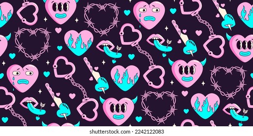 Y2k neon seamless pattern  of funny cartoon hearts and elements. In psychedelic weird style. Vector hand drawn background. Trendy neon 2000s style. Anti valentines day conception. Pink, blue color.