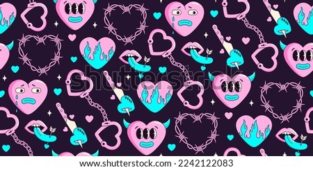 Y2k neon seamless pattern  of funny cartoon hearts and elements. In psychedelic weird style. Vector hand drawn background. Trendy neon 2000s style. Anti valentines day conception. Pink, blue color.