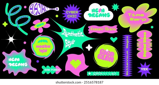 Y2k neon stickers templates set. Groovy bright retro branding stickers collection. Cool future retro brutalism quotes. Vector illustration.