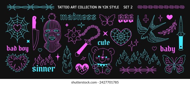 Y2k neon tee print set 1 in 1999s 2000s style. Y2k opium style heart, butterfly, chain, heart, sallow, apparel printsdesign Goth Tattoo line art stickers. Printable vector designs