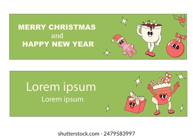 y2k new year banner with groovy characters santa and other holiday elements. Christmas groovy characters background. xmas horizontal banner.