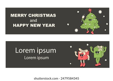 y2k new year banner with groovy characters santa and other holiday elements. Christmas groovy characters background. xmas horizontal banner.