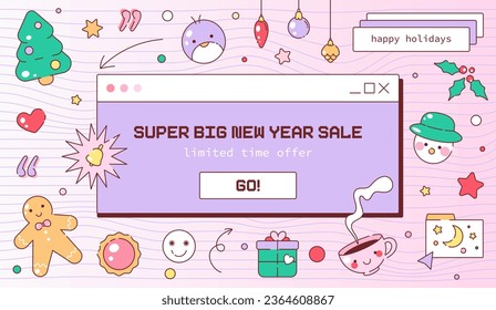 Y2K New Year's Sale Banner. Vintage PC Interface with Groovy 70s Colors! Retro Christmas Tree, Snowman and Ornaments in Cartoon Design. Perfect for Cards, Posters, and Retro Design Greetings Card.