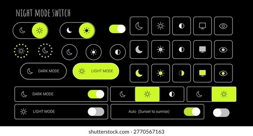 Y2k night mode switch ui kit with dark theme light mode toggle and interface icons