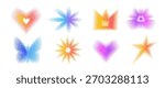 Y2K noise gradient icon figures. Grain gradation twinkles and sparks dot airbrush spray shapes neon colors. Blinks blue and purple transition shapes. Vector retro futurism figures on white background.