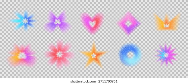 Y2K noise gradient icon Iridescent figures. Grain colorful rainbow gradation hearts and sparks dot airbrush spray shapes. Blinks orange and purple transition. Vector retro futurism figures isolated.