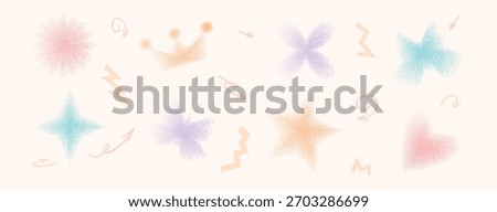 Y2K noise gradient icons pattern. Spray dots butterfly, flower, twinkle spray design. Soft glow and dreamy texture for retro or futuristic art. Vector abstract gradation dots with trendy vintage tone.