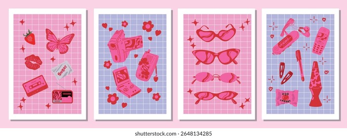 Y2K Nostalgia Vetor Set 2000s Objetos Estéticos em Estilo Retro Rosa
