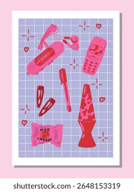 Conjunto de vetores de nostalgia Y2K - 2000s Aesthetic Objects in Pink Retro Style