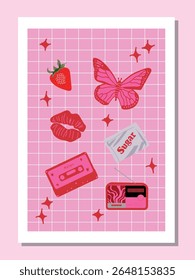 Y2K Nostalgia Vetor Set - 2000s Ícones estéticos em estilo retro rosa