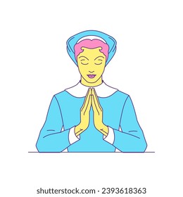 Y2k nun with praying hands pose spiritual religious cartoon character groovy icon vector flat illustration. Saint woman prayer religion culture sister Christianity Catholic lady for t shirt print