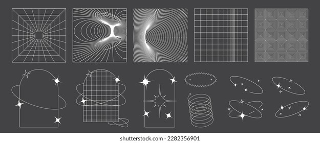 Paquete de objetos Y2k. Conjunto retro futurista. Objeto moderno, formas geométricas surrealistas, trama y cuadrículas de perspectiva. Resumen de ilustraciones vectoriales en estilo tecno psicodélico moderno. Ilustración del vector