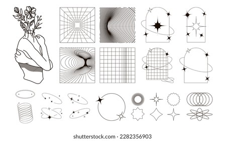 Y2k object pack. Retro futuristic set. Retro futuristic elements for design. Woman sculpture. Big collection of abstract graphic geometric symbols and objects in y2k style
