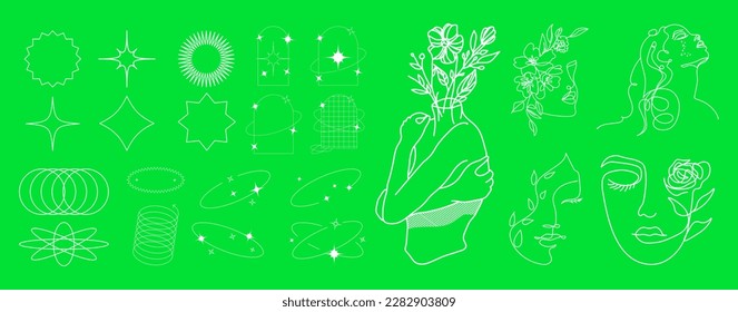 Y2k object pack. Retro futuristic set. Modern object, surreal geometric shapes, sculpture and perspective grids. Abstract vector illustration in trendy psychedelic techno style. Vector illustration